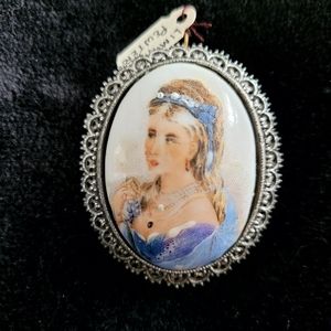 Painted Japan Porcelain Cameo Silver Brooch